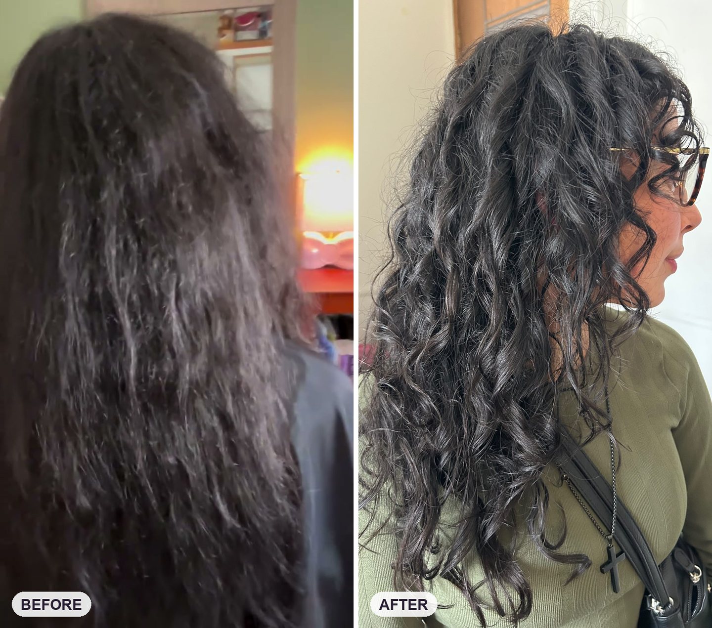 Before and after: frizzy curls transformed to defined curls with a trim and curl cream