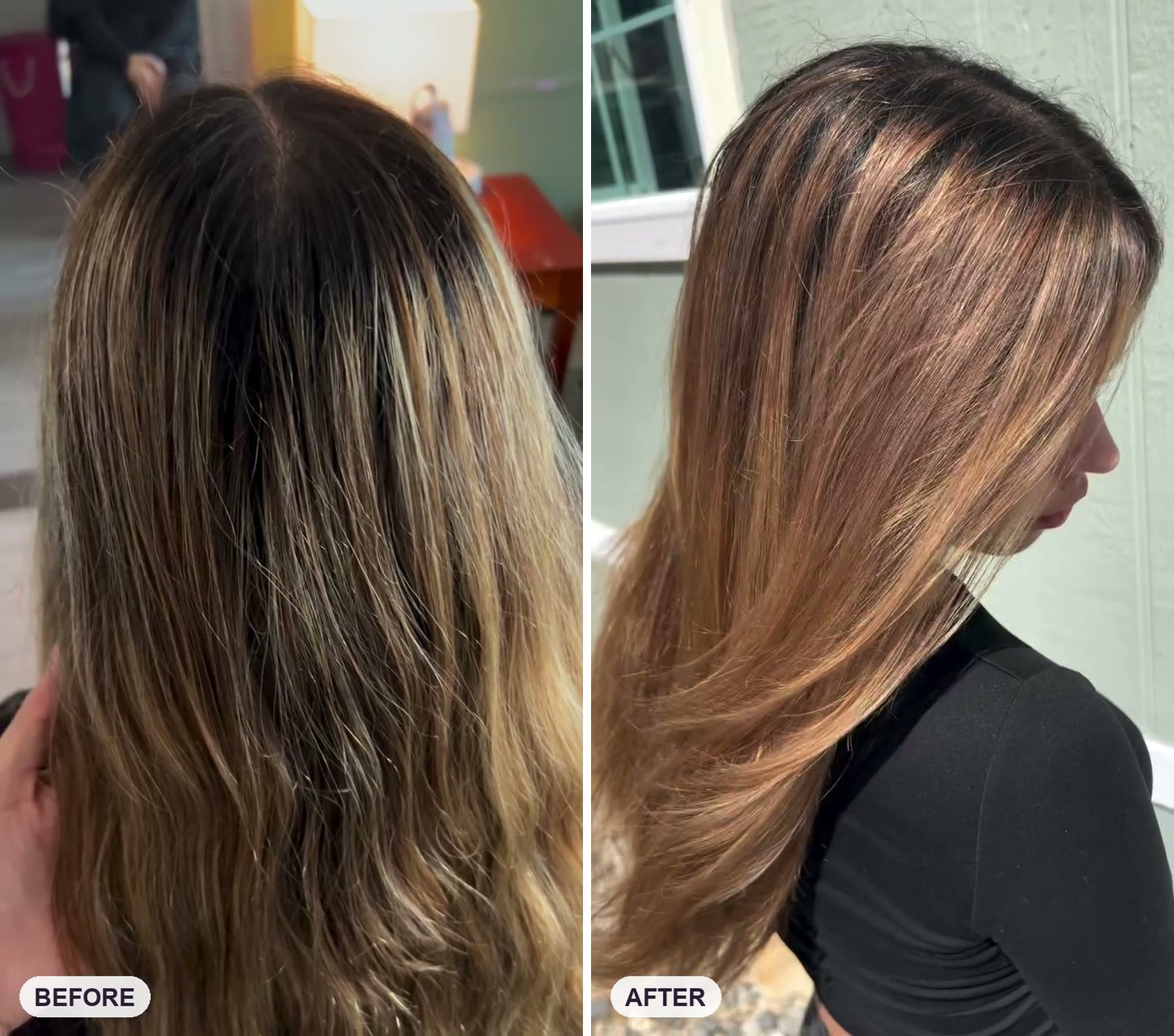 Before and after: brassy grown-out blonde to soft honey balayage