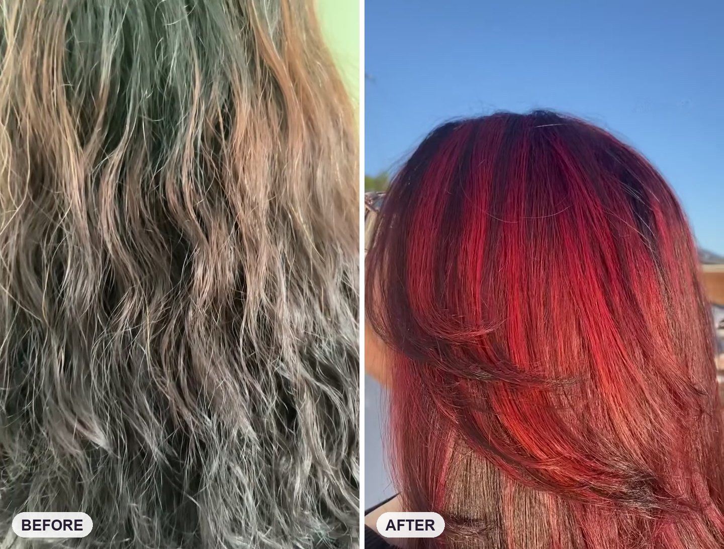 Before and after: color correction from uneven brassy hair to red chunky highlights