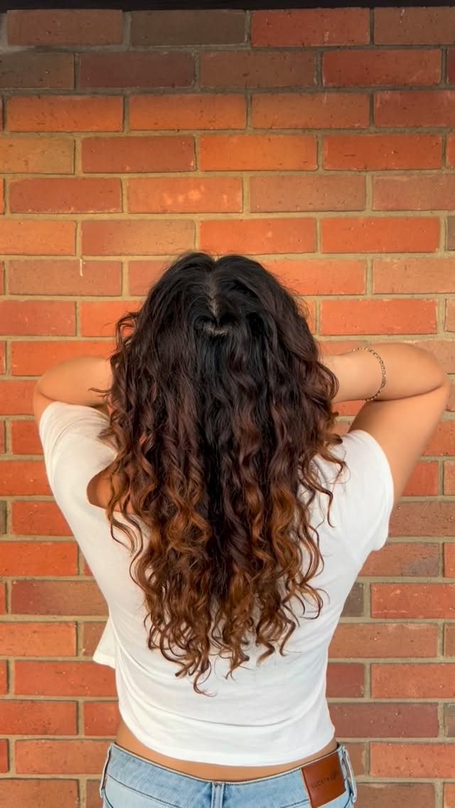 Curly haircut: long curls with copper ends, back view